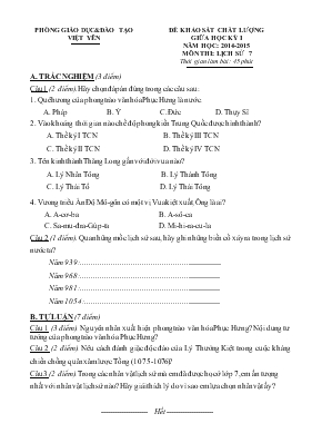 Đề khảo sát chất lượng giữa học kỳ I năm học 2014-2015 môn thi lịch sử 7